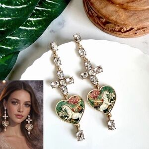 Mystical Pegasus Unicorn Antiqued Gold Earrings Rhinestone Baroque Vtg Style NEW